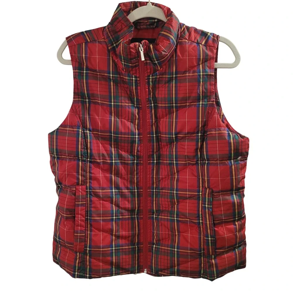 Lands‎ End Mens Red Tartan Plaid Down Puffer Vest Full Zip Medium 10-12 Quilted